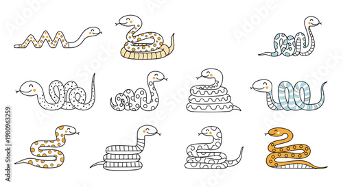 Assorted cartoon snakes with various colors and patterns like spots and stripes in different slithering poses for kids.