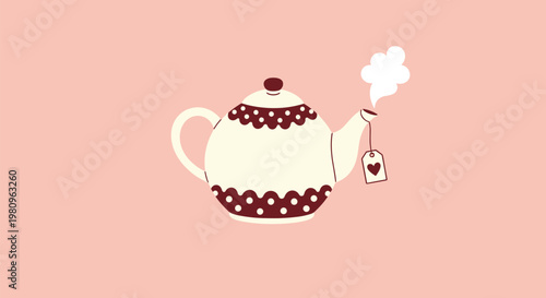 Charming teapot with a polka dot pattern and a heart-shaped tea bag tag on a soft pink background for cozy tea time.