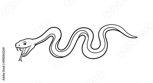 Black and white outline of a rattlesnake with its mouth open showing fangs in a defensive slithering pose for coloring.