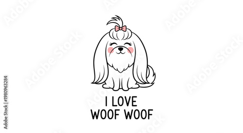 Adorable white long-haired dog character with a pink bow and the words i love woof woof below it for pet lovers.
