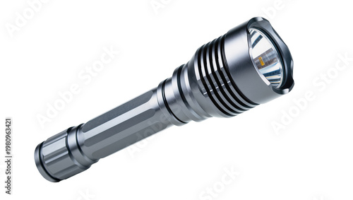 Tablou pe pânză Isolated durable aluminum alloy LED flashlight with metallic silver finish for o