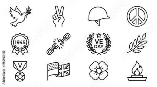Symbolism of Remembrance and Peace: A collection of symbolic icons, including a dove of peace, a peace sign, and a poppy, represents the essence of remembrance and the yearning for peace.