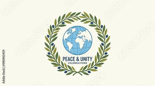 Global Peace and Unity: A symbolic emblem of peace and unity, featuring a world map embraced by a laurel wreath, encapsulates a message of global harmony and togetherness.