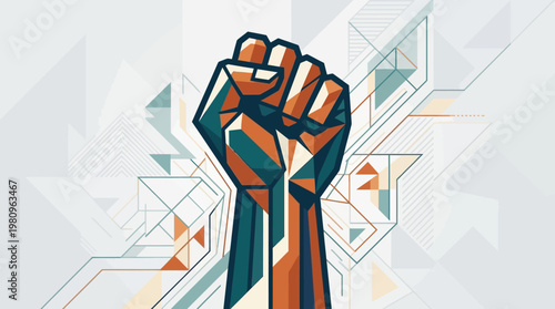 Unity and Strength: A powerful emblem of resilience and solidarity is showcased through a clenched fist, rendered in a bold, geometric style that represents strength and collective action. 