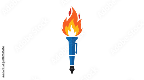 Pen Torch Symbol: A creative and symbolic image of a pen intertwined with a flaming torch, symbolizing the power of ideas and knowledge, illuminating the path forward.