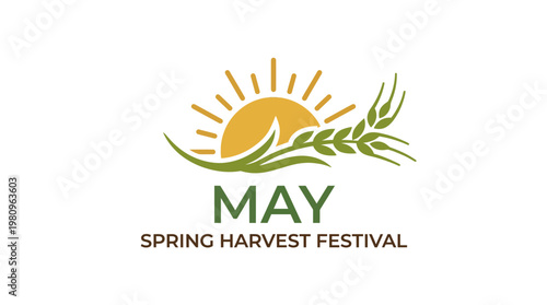 May Spring Harvest Festival: Symbolizing abundance and renewal, a vibrant emblem features a radiant sun and a golden wheat stalk, signifying the spirit of the May Spring Harvest Festival.
