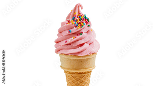 Foto Isolated sweet treat of pink soft serve ice cream with rainbow sprinkles in a wa