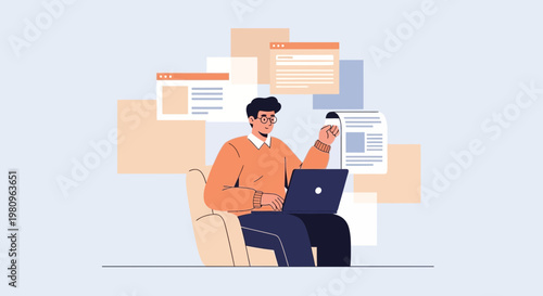 Man working on laptop with coffee and documents, remote work concept
