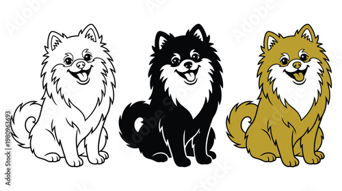 Three pomeranian dog icons in black white and gold color variations for branding and logos.
