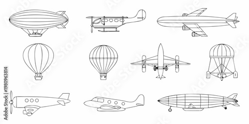 Collection of vintage airships airplanes and hot air balloons in outline