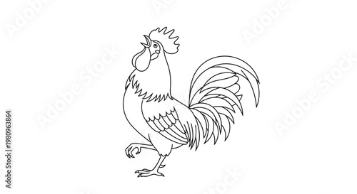 Proud rooster is depicted in a simple black and white line drawing while crowing with its head tilted back and beak open in a farm scene.