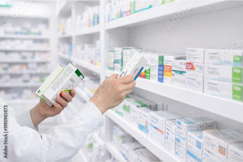 Pharmacist selecting medicine box from shelf in pharmacy, healthcare and retail drugstore concept