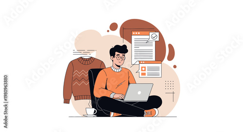 Man working on laptop with sweater and coffee, online shopping concept