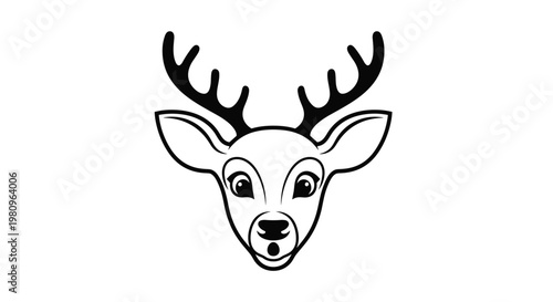 Reindeer head outline drawing with large antlers and expressive eyes for holiday theme or wildlife conservation graphics.