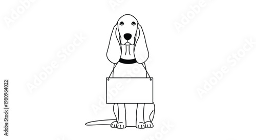 Long eared dog sitting and holding a blank sign hanging from its neck for customizable messages or animal rescue announcements.