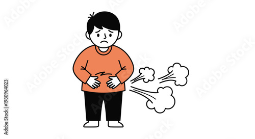 Cartoon boy experiencing flatulence and stomach pain with a sad expression to illustrate digestive health or gastric issues.