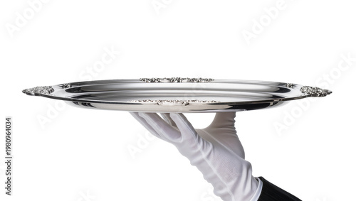 Photos Isolated elegant waiter's hand in white glove holding ornate silver serving plat