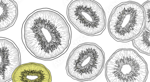 Pattern of black and white kiwi slices with a single yellow slice highlights for contrast in food and fruit design concepts.