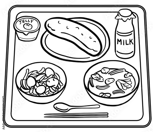瓶牛乳とパンの給食メニュー　線画