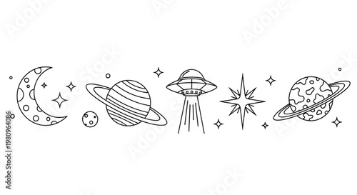 Space themed horizontal illustration featuring planets a UFO moon and stars in a simple line art style for science fiction themes.