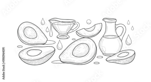 Set of detailed avocado illustrations showing fruit halves slices and a pitcher of avocado oil for health and beauty products.