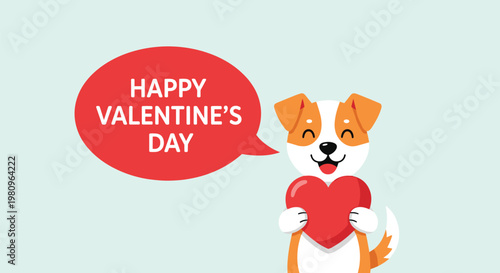 Cute brown and white dog character holding a red heart with a happy valentines day greeting for romantic holiday cards.