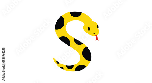 Yellow snake with black spots in the shape of the letter S featuring a red tongue for educational alphabet illustrations.
