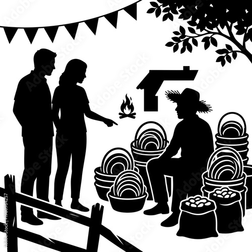 Basket seller with visitors at rustic festival market