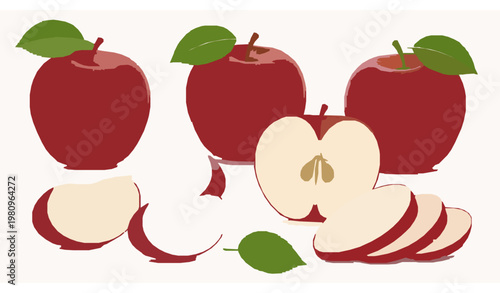 Realistic red apple vector set with green leaf whole fruit cut apple and fresh slices isolated