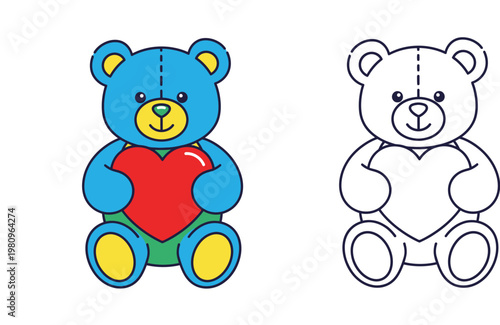 Cute Blue Teddy Bear Holding a Red Heart Illustration with Line Art Version for Coloring Book, Vector Design for Valentine's Day, Childhood Toy and Love Theme Concept for Kids