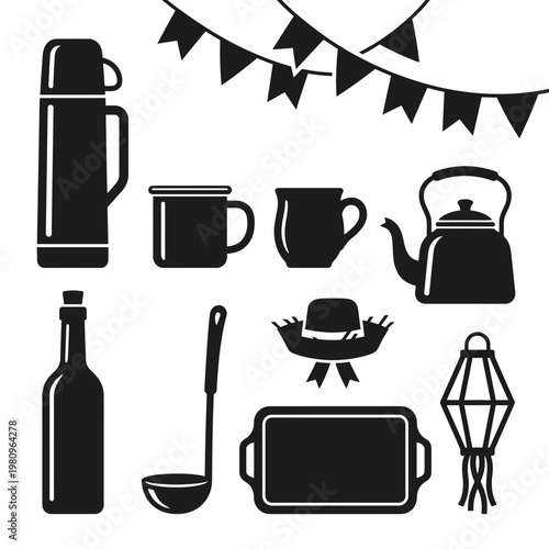 Basket seller at night market with bonfire and lanterns