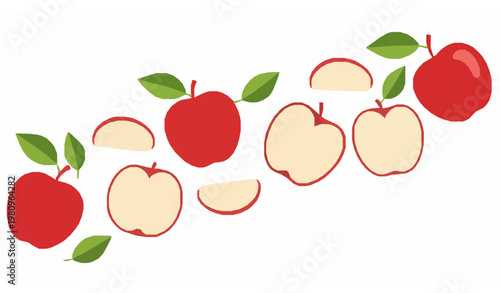 Red apple vector collection with green leaves whole fruit slices and wedges in modern flat style
