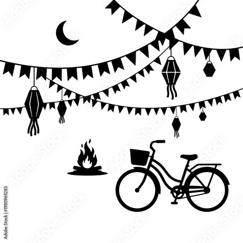 Bell ringer in church tower above village festival