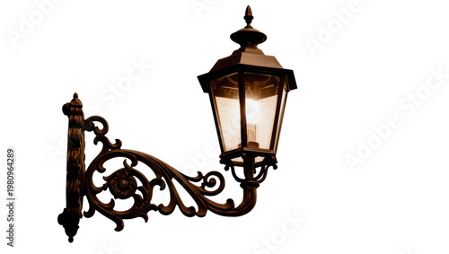 Obraz na plátně Isolated ornate vintage wall lantern, glowing light bulb, elegant decorative metalwork design
