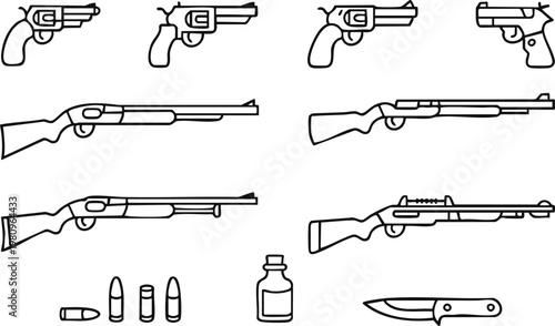 firearm outline set weapons handguns long guns bullets knife bottle
