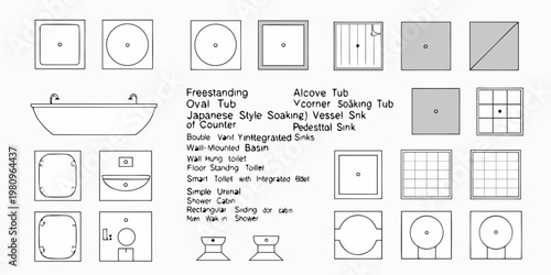 Diagram of various bathroom fixtures and layouts in top and front views