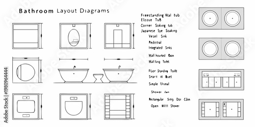 Bathroom layout diagrams showcasing various fixture arrangements and designs