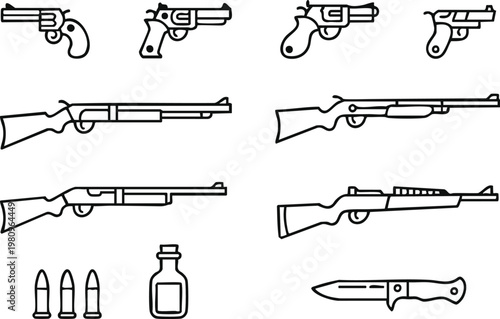 firearm vector icons pistols revolvers rifles bullets knife bottle
