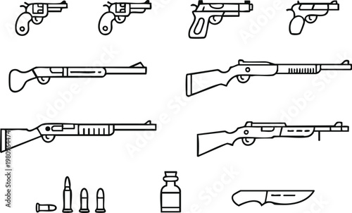 firearm icons set handguns pistols rifles bullets knife bottle