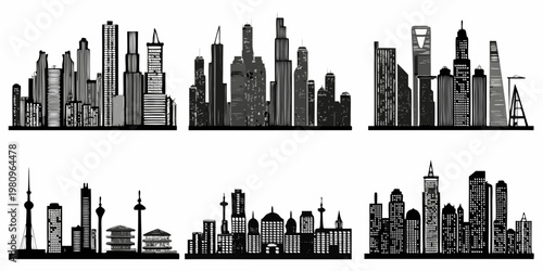 A striking black and white skyline illustration featuring multiple cityscapes
