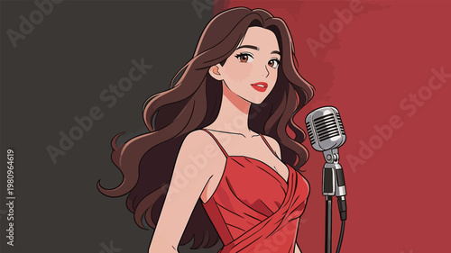 Beautiful Woman Singing with Retro Microphone