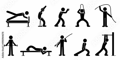 Stick figures illustrating various exercise routines and physical activities