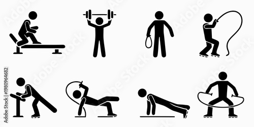 Stick figures demonstrate various exercise routines and physical activities