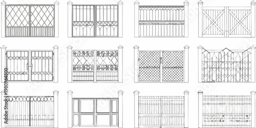 Collection of ornate wrought iron gate designs presented as line art