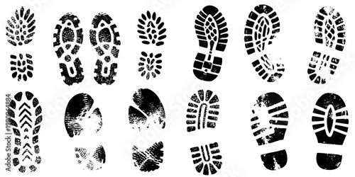 Collection of diverse shoe prints and sole patterns on a white background
