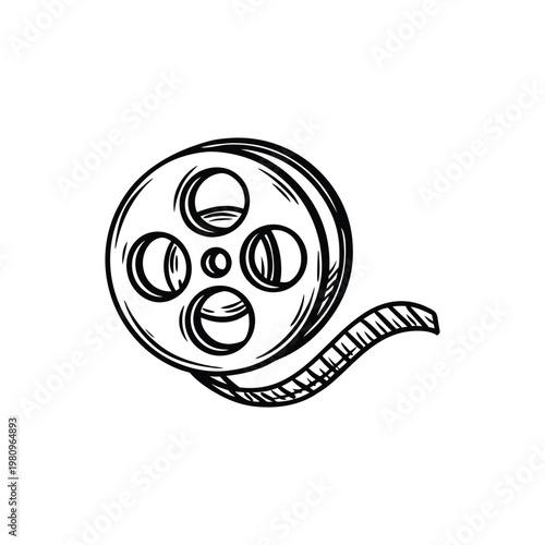 Black and white sketch illustration of a hand drawn film reel in vintage style vector