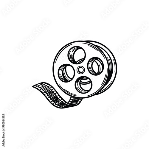 Black and white sketch illustration of a hand drawn film reel in vintage style vector