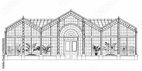 Detailed line art illustration of a classic victorian glass greenhouse