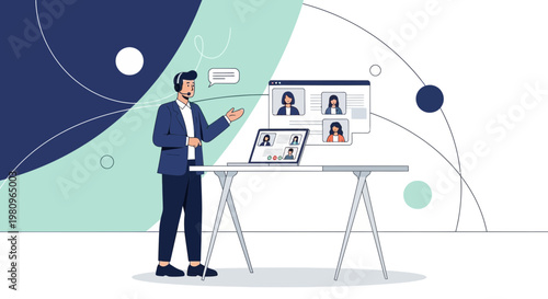 Online Meeting and Remote Work Concept: Man with Headset and Video Conference