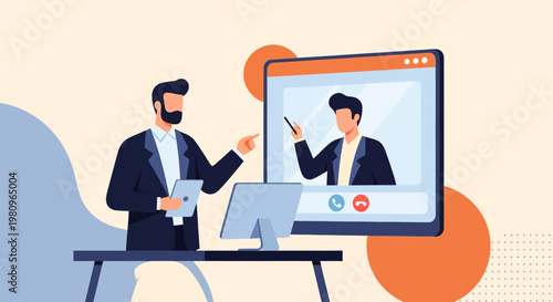 Online Meeting: Businessman presenting on video call with colleague on computer screen